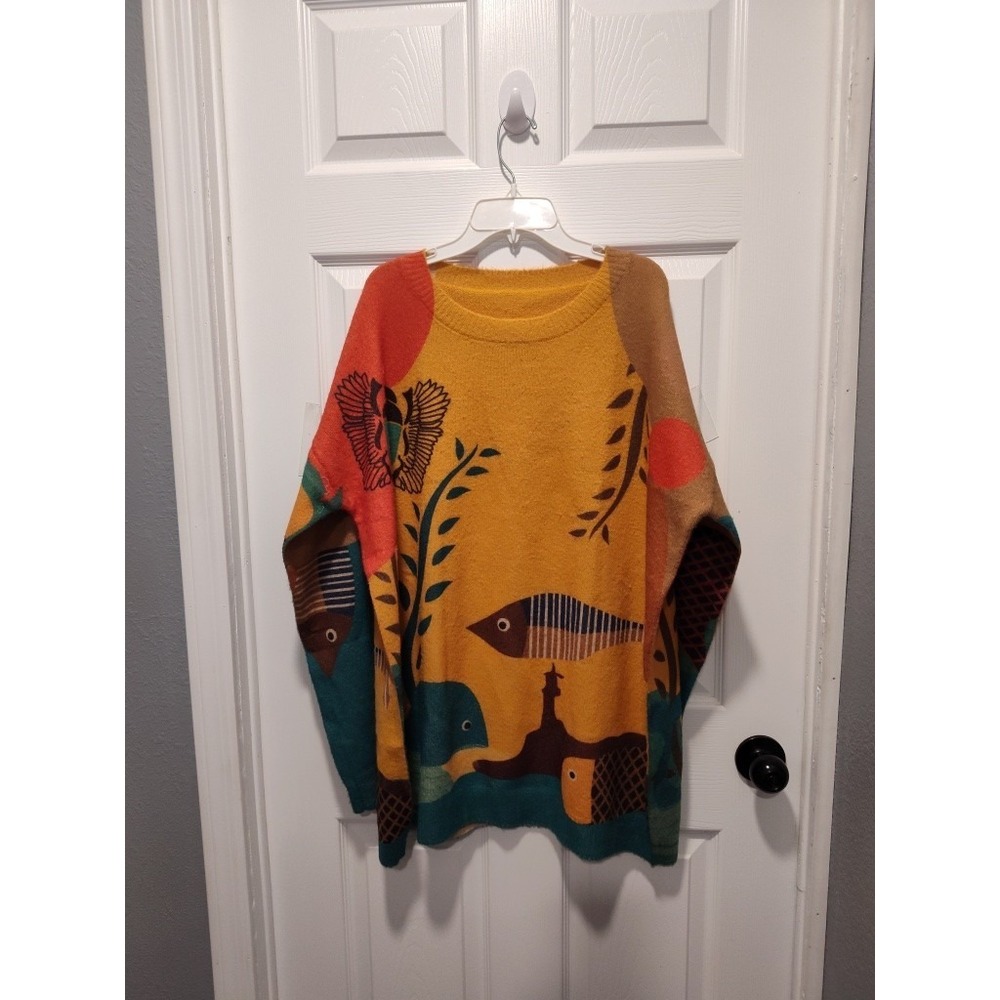 New Colorful YESNO Soft Fish Sealife Cotton Wool Graphic Oversized Sweater XL